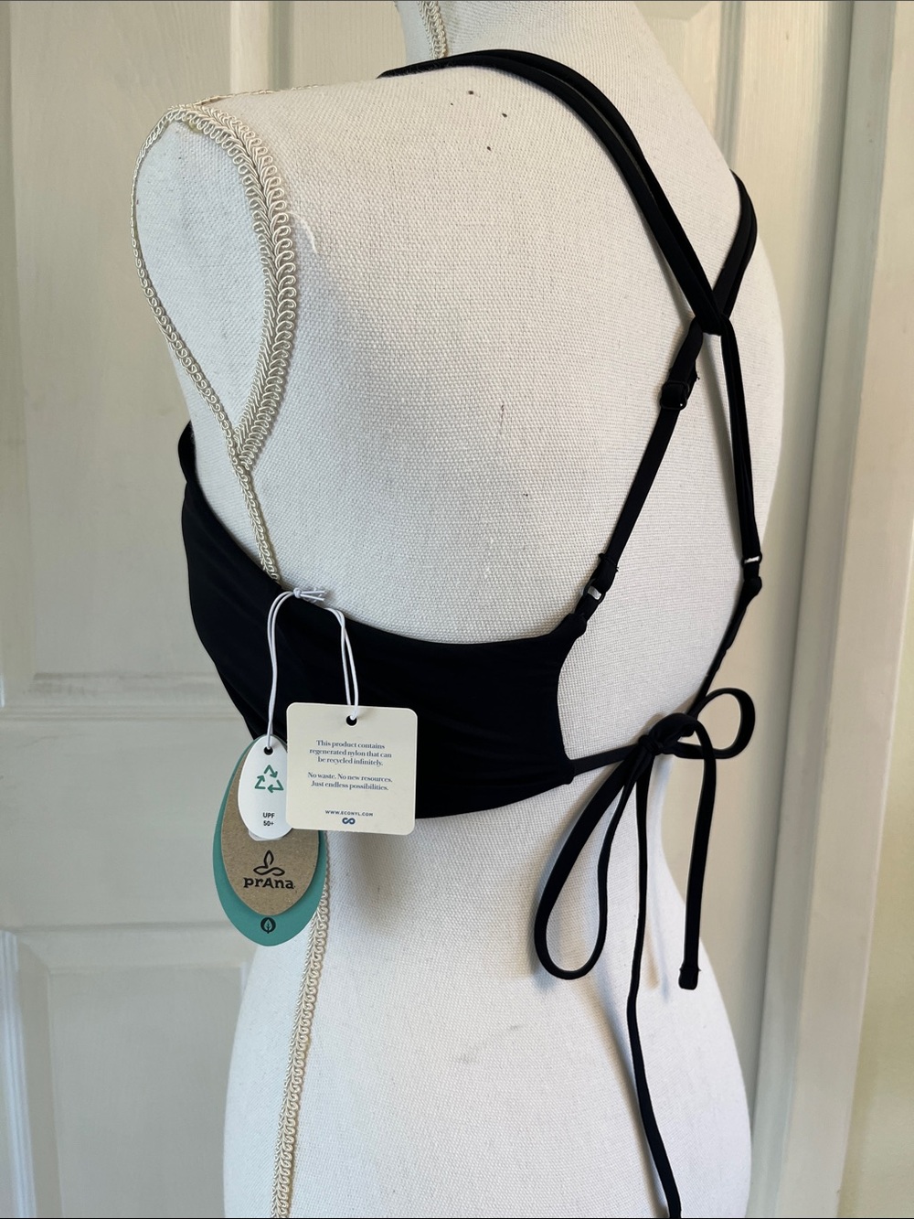 Prana Black Onyx Bay High Neck Bikini Top Adjustable Cross Straps Large UPF 50+